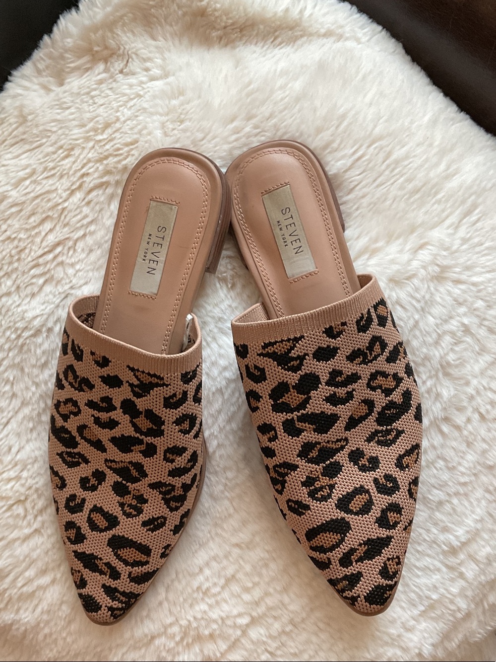 Steven By Steve Madden Knit Leopard Pointed-Toe Mules in Tan and Black